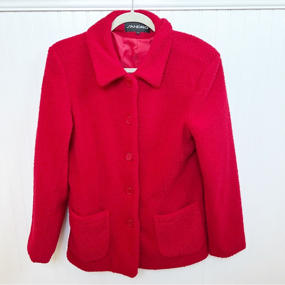 Sandro Red Fuzzy Button Up Teddy Jacket Size Medi… - image 1